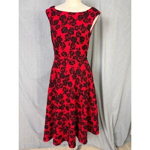Betsey Johnson Red Black Floral Jacquard Fit Flare Dress 8 Cocktail Party